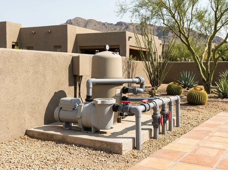 A pool equipment pad holding a filter tank with a pressure gauge, a pump, and a row of PVC valves on a concrete slab.