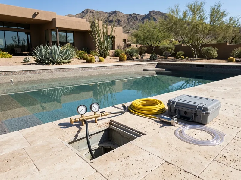 A pressure-test gauge manifold connected into an open valve box at the edge of a pool, with a coiled hose and an equipment case beside it.
