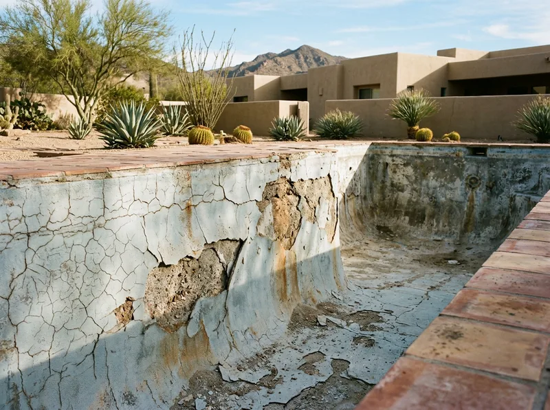 A drained pool with plaster flaking away from the wall in sheets, fine craze cracking across the surface and the rough aggregate underneath exposed.