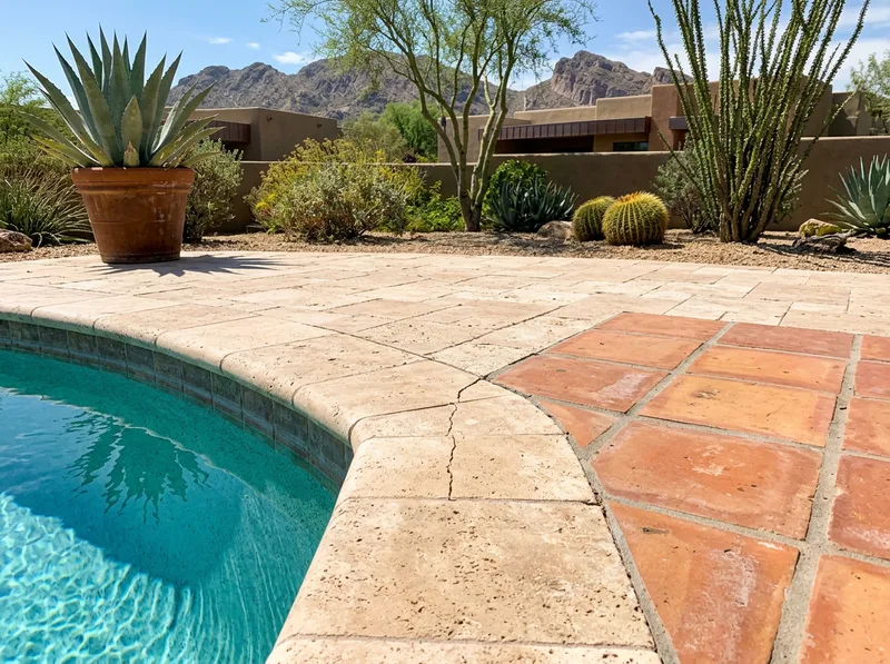 A crack running across travertine pool decking, from the coping edge out into the paved area.