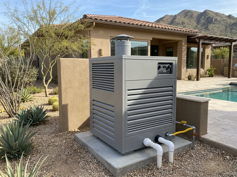 A gray gas pool heater standing on a concrete pad beside a pool, connected to a yellow gas line and white PVC plumbing.
