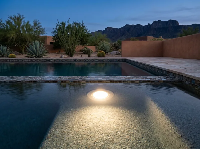 An underwater pool light glowing at blue hour, with pebble interior and mosaic waterline tile.