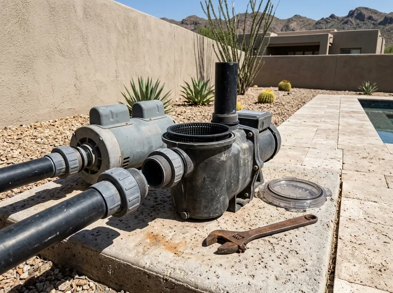 A pool pump opened up on a deck with its strainer basket exposed, the clear lid set to one side and a wrench alongside.
