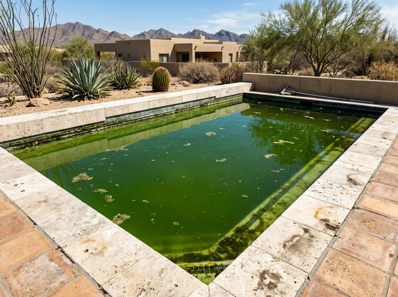 A pool turned completely green with algae, debris floating on the surface and a dark stain line around the coping.